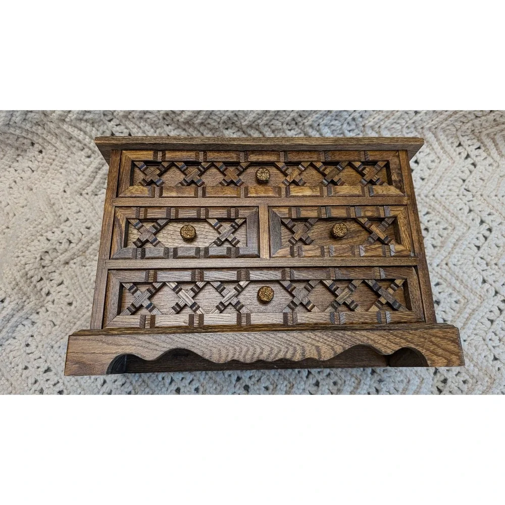 Vintage Wooden Musical Jewelry Box 4 Drawer Dresser Chest Lattice Wood Mustard